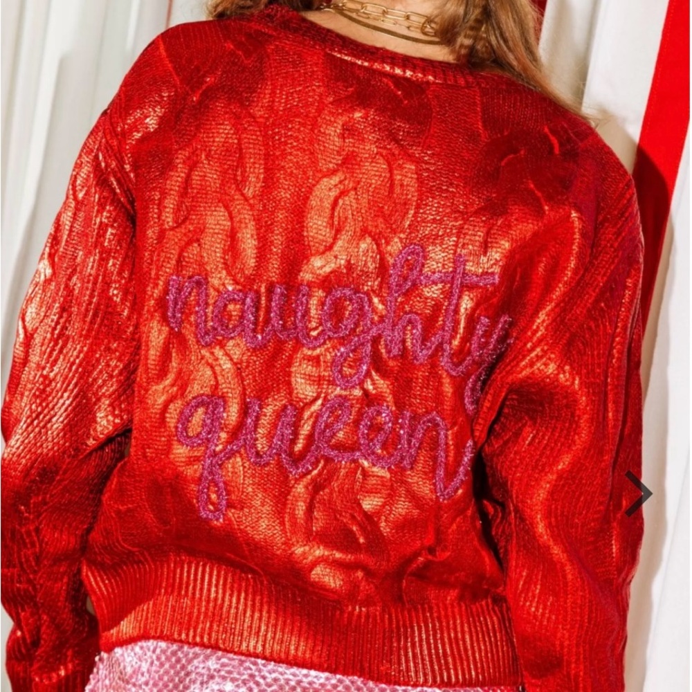 QUEEN OF SPARKLES Red Metallic Naughty Queen Sweater